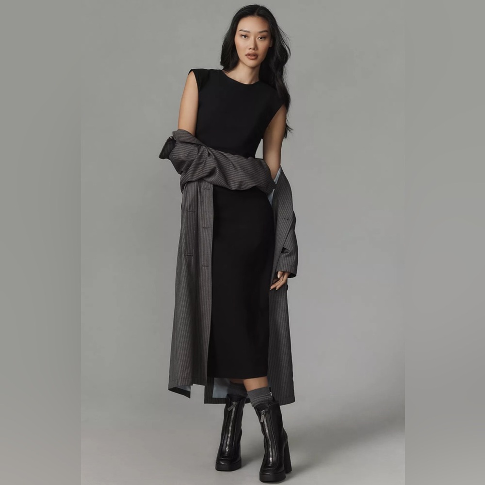 Maeve Anthropologie Cap-Sleeve Slim Midi Black Ruched‎ Dress Size XXS
